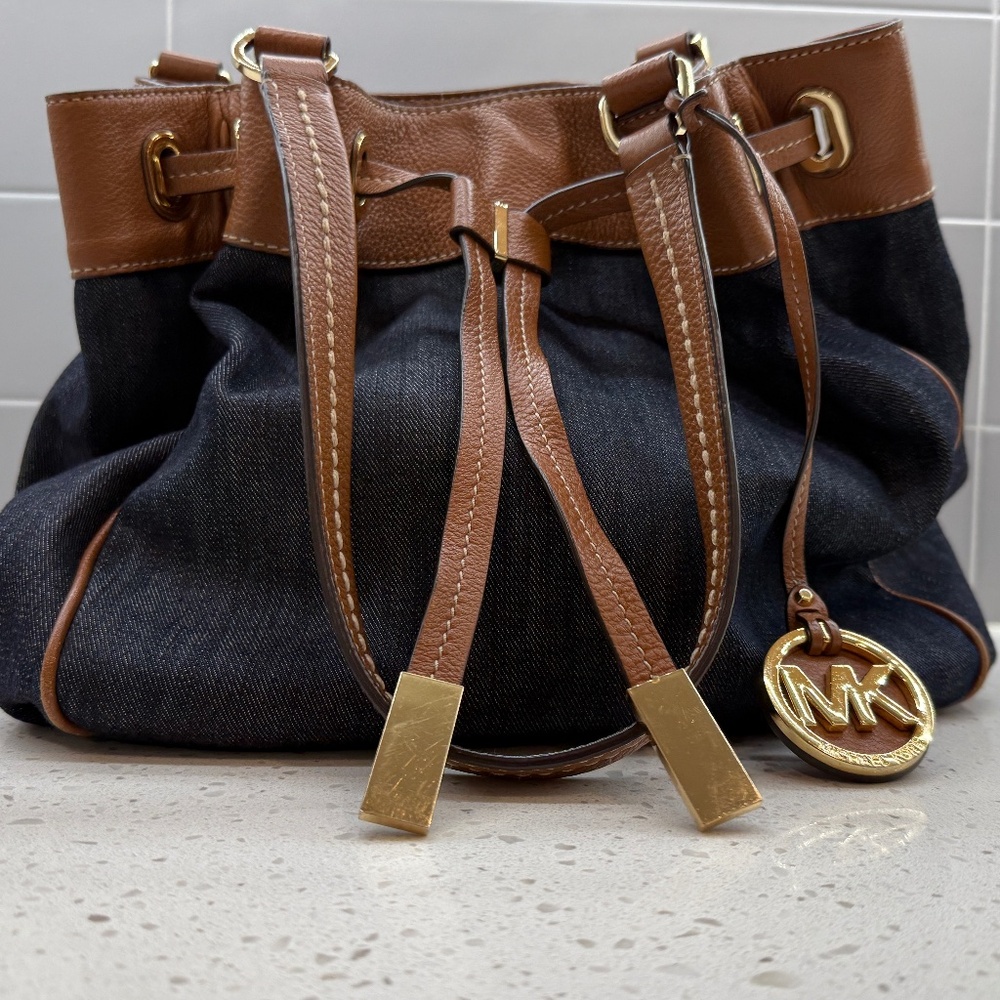 Michael Kors Denim and Leather Drawstring Bag